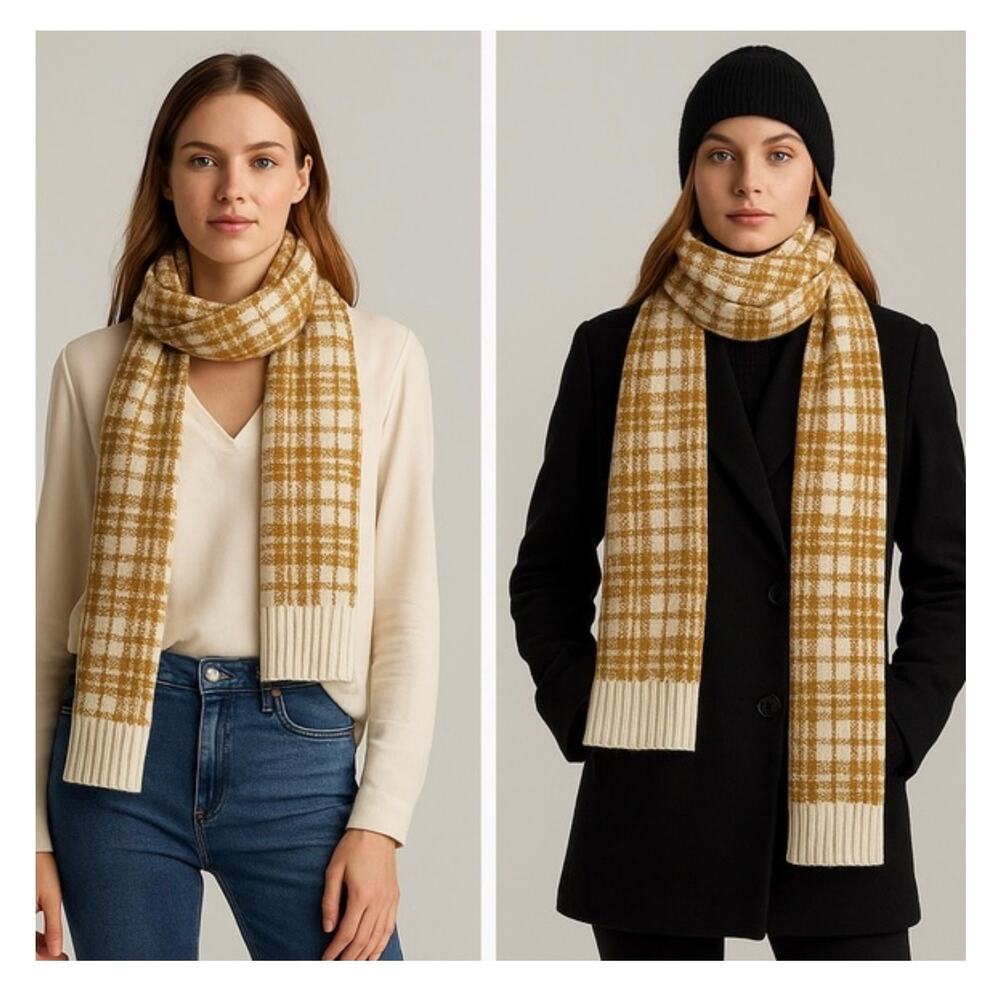 Timberland Brown & White Plaid Knit Scarf One Size Winter Accessory - Picture 2 of 13